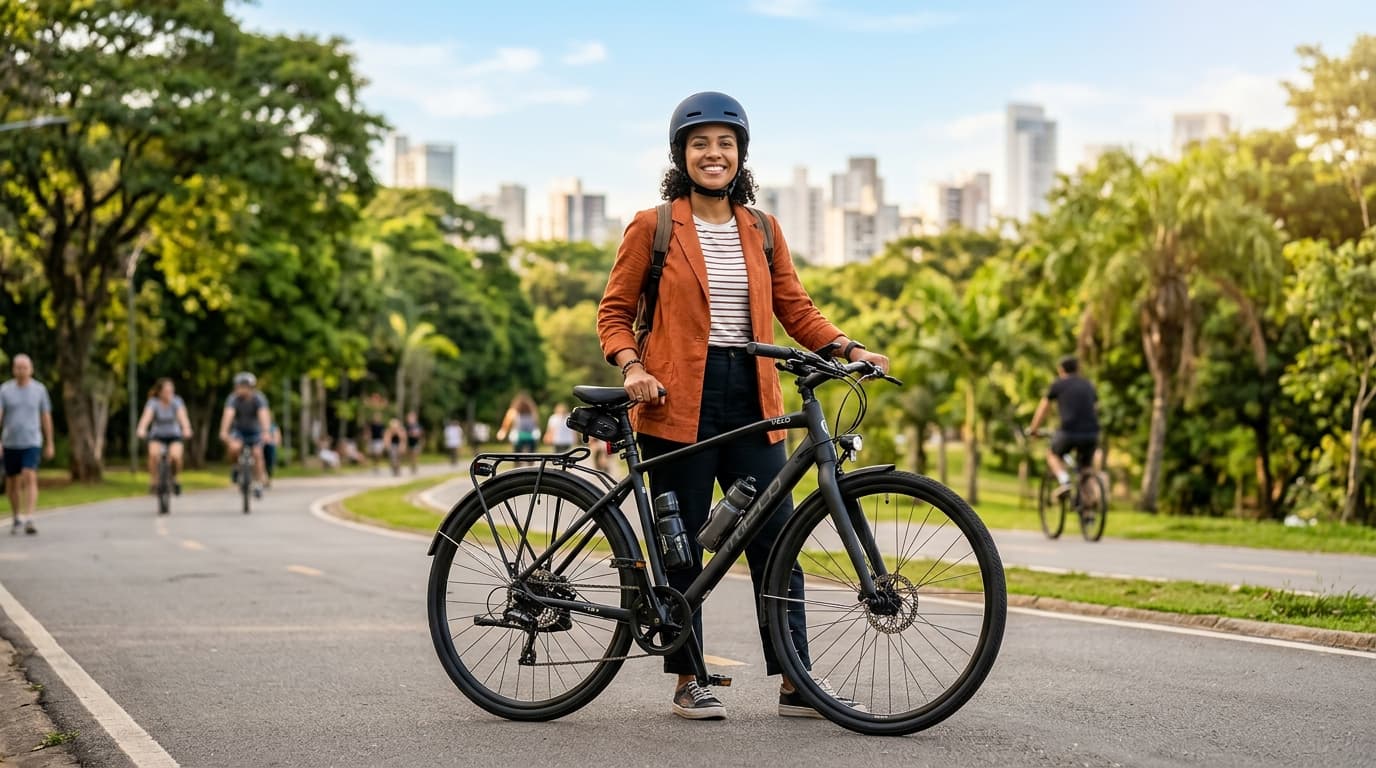 Ciclista com capacete e bicicleta moderna pedalando em parque urbano com total segurança e tranquilidade