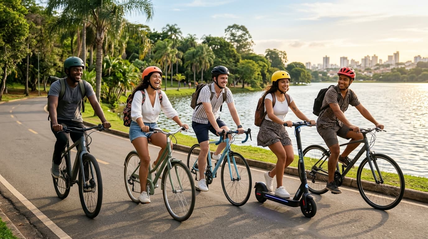 Pessoas curtindo mobilidade ativa com bicicleta e patinete em parque urbano ensolarado em Campinas
