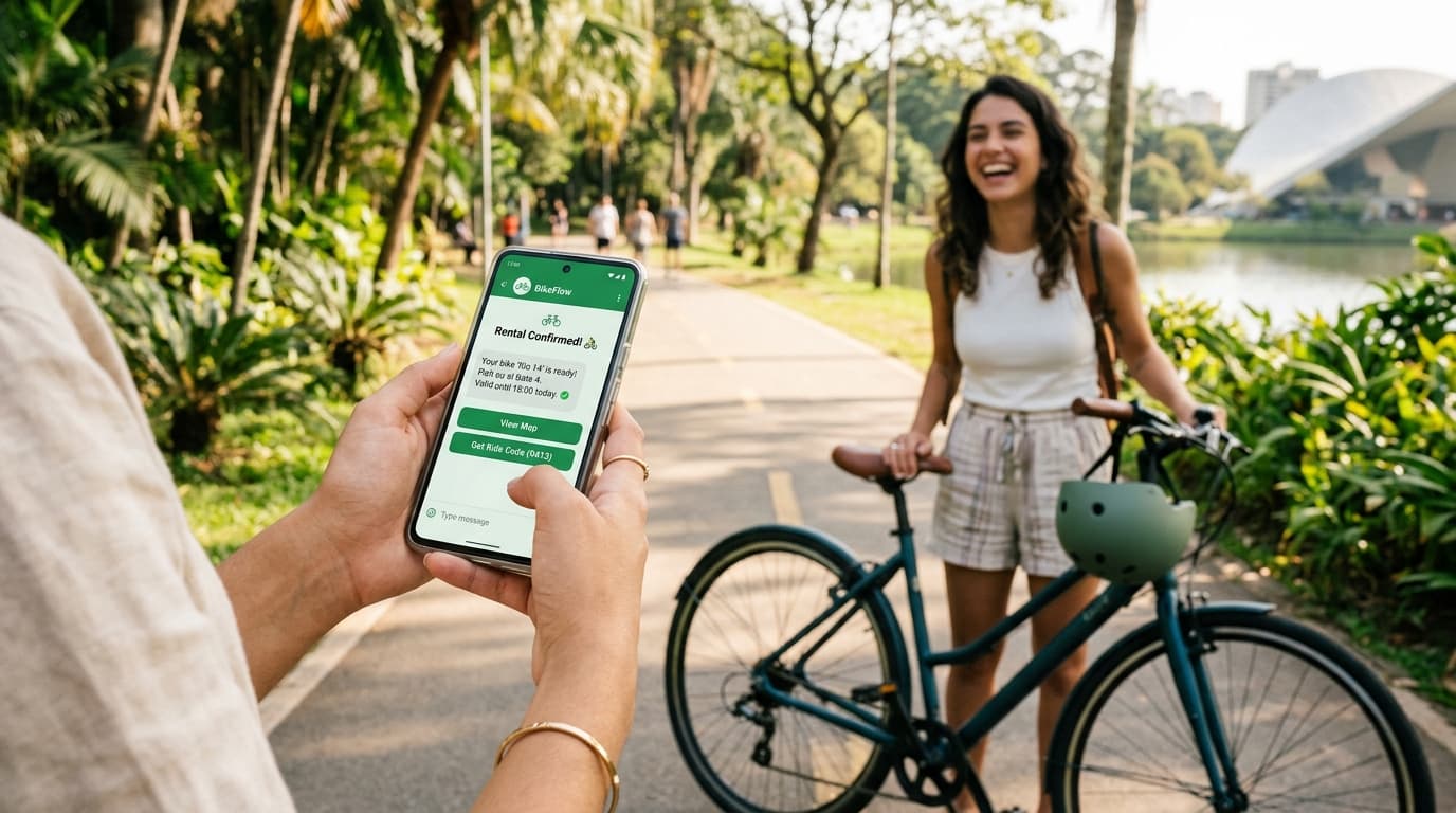 Cliente reservando bicicleta e combinando retirada pelo celular com a equipe