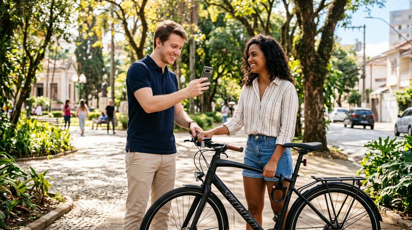 Proprietário e locatário fazendo a vistoria do equipamento pelo celular em praça de Campinas